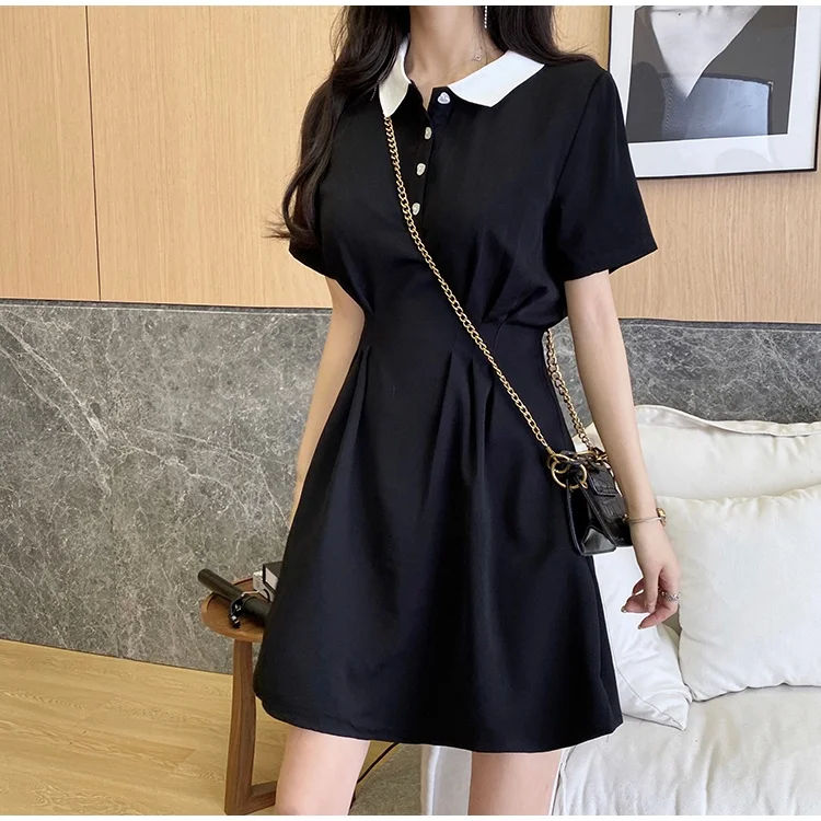 Women's Contrast Collar Polo Dress Summer Short Sleeve Button Front A Line Casual Mini Dress 2