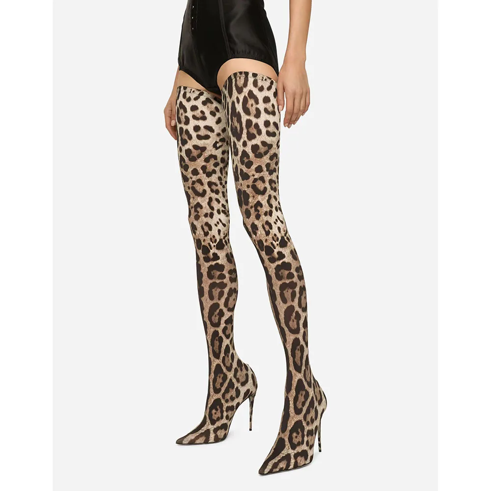 

Leopard Stretch Fabric Over The Knee Boots Pointed Toe Stiletto Heels Very Long Booties Fashion Sexy Women Slip On Sock Boots