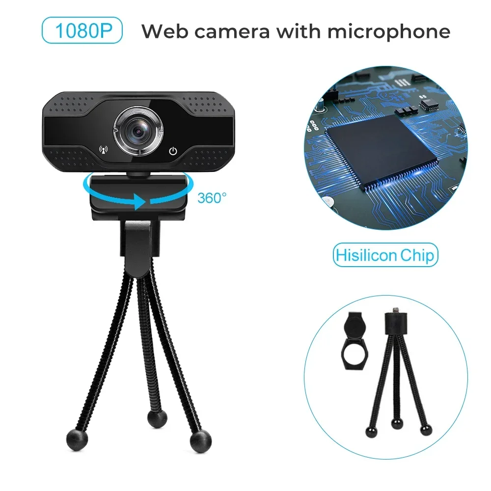 PC 웹캠 풀 HD 웹 카메라, 컴퓨터 회의 비디오 작업용, 1080P USB 카메라, 마이크 포함, 360 ° 회전, 2K 웹캠
