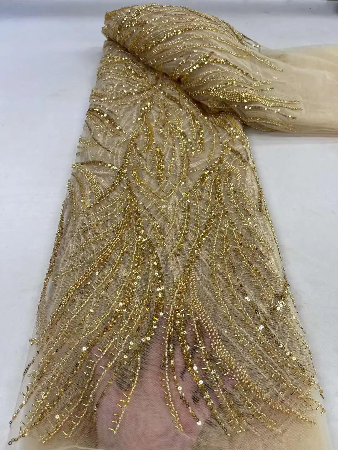 

Latest African Beaded Crytals Sequins Lace Fabric/2023 Beads Embroidery French Tulle Fabrics For Evening Dresses Party Weddings
