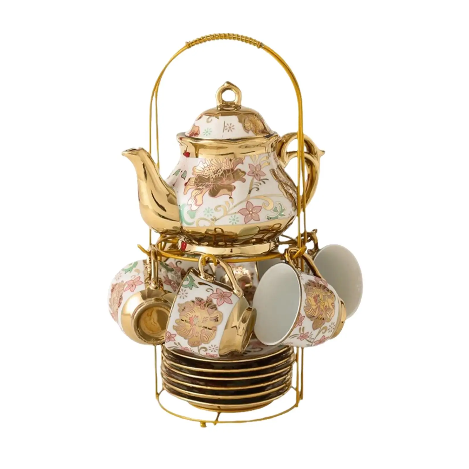 Porcelain Tea Set For 6 20 Pieces Cups Saucers With Metal Stand