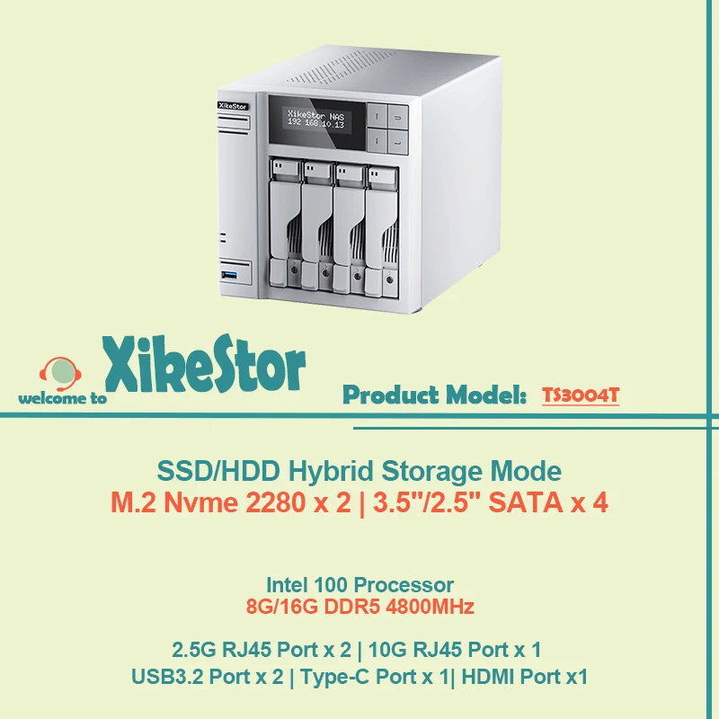 XikeStor 올인원 M.2 Nvme 2280 x 2 & 3.5인치/2.5인치 SATA x 4 SSD/HDD 하이브리드 스토리지 NAS 인텔 100 프로세서 8G/16G DDR5 4800MHz