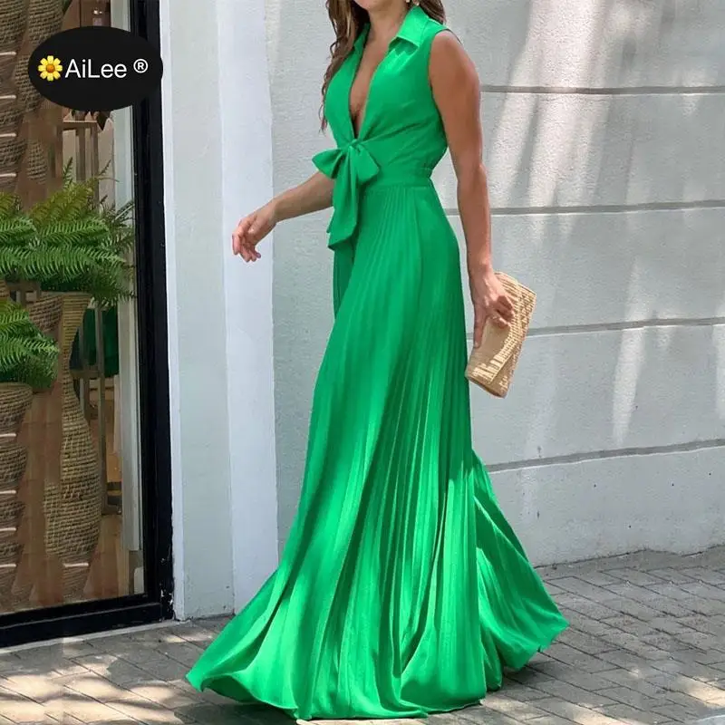 Women Floor Length Jumpsuit Summer Fashion V Neck Sleeveless Lapel Chic Lace Up Loose Wide Legs Pants Romper High Streetwear