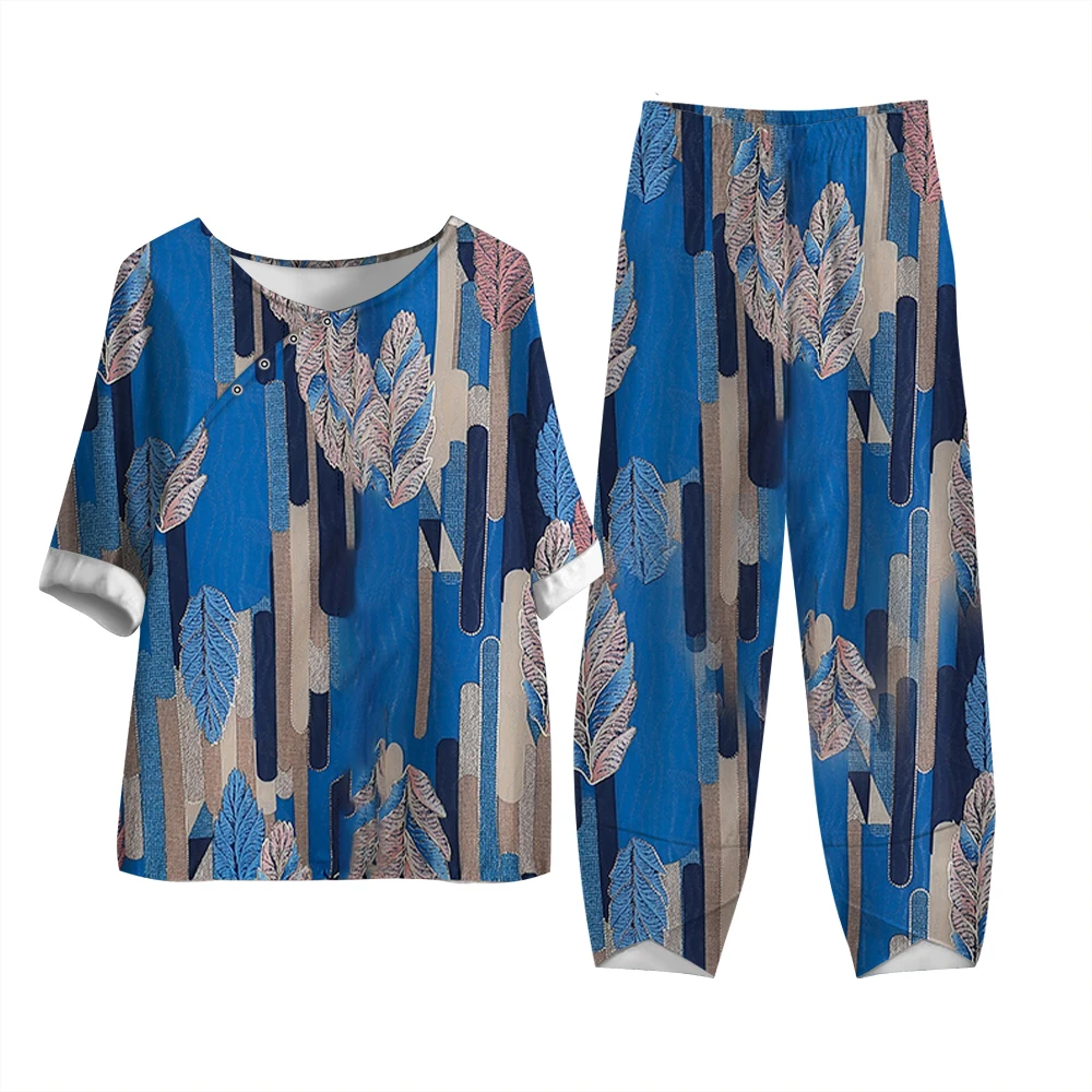 

Breathablesplicing Mixed Color Printed Short Sleeve Pants Suit Middle-Aged 2-Piece Women's Vintage Women's Button-Down Shirt Set