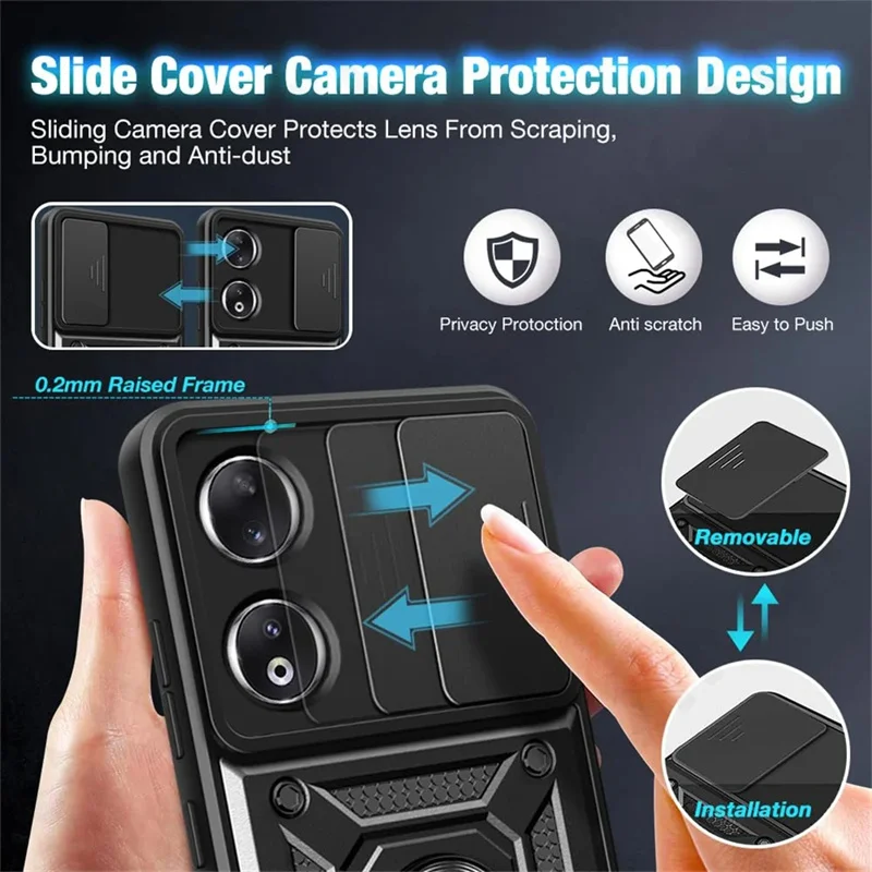 Armor Shockproof Phone Case with Magnetic 360-Degree Ring Holder and Slide Lens Cover