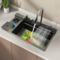 Multifunctional 304 Stainless Steel Kitchen Sink Set, Digital Display Single Bowl Washbasin with 2 Multi-function Faucet