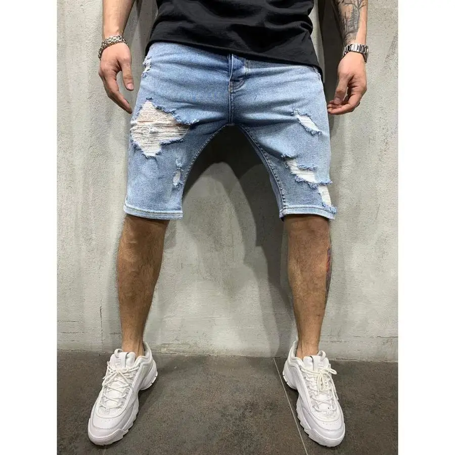 Perforated Mens Denim Shorts Ripped Jeans European and American