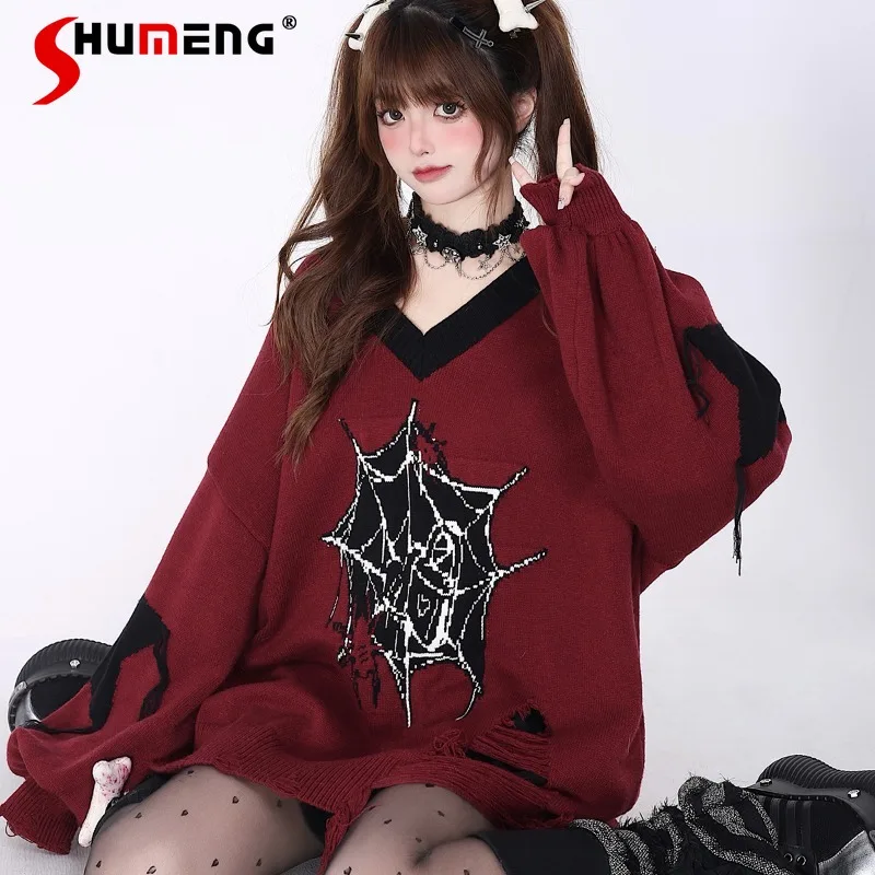 

Autumn Winter Black Red New Year Solid Color Matching Japanese Style V-neck Loose Oversize Sweater Streetwear Women's Clothes