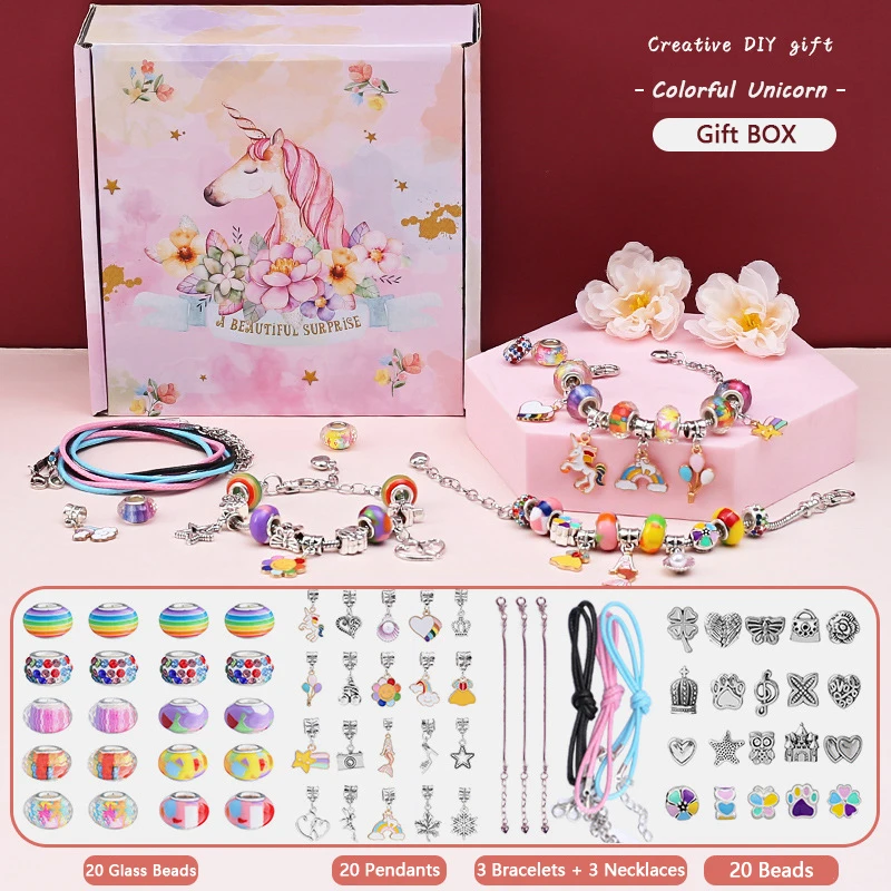 Set Kit Para Hacer Pulseras Niñas Style Unicornio Arcoiris Bisutería