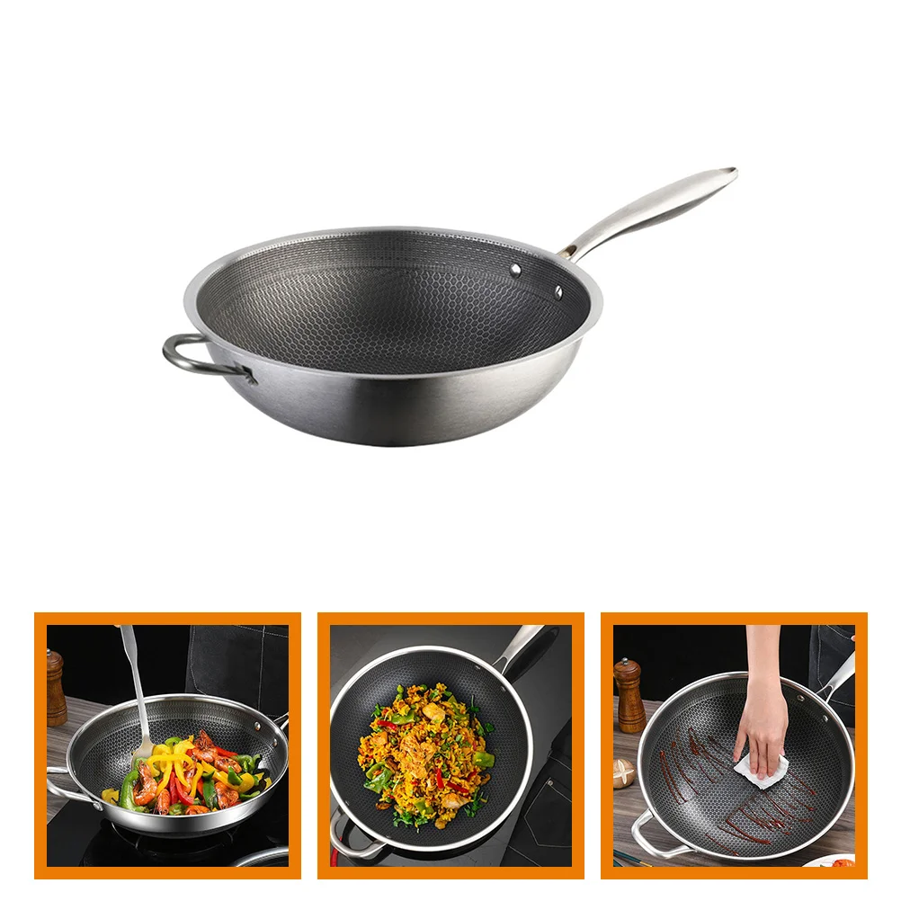 

Stainless Steel Wok Honeycomb Structure Frying Pan Double Handles Chinese Wok Lightweight Wok Stir Fry Pan Kitchenware Pan