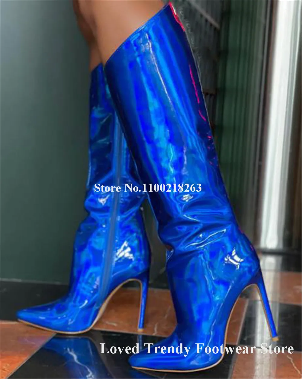 

Shining Patent Leather Knee High Boots Sexy Pointed Toe Blue Gold Silver Pink Stiletto Heel Long Boots Party Dress Heels