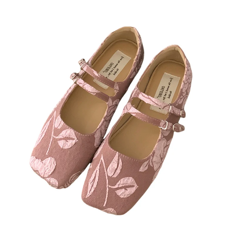 Fashion Breathable Ballet Falts Shoes Round Toe Buckle Strap Women's Pumps Printing Mary Jane Women Slippers Genuine Leather