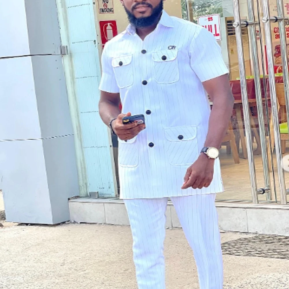 White Kaunda Suit Tuxedo Outfits Summer Short Sleeve Tops Pants with Pockets African Ethnic Casual Clothing Men Tuxedo 2PCS Suit 2