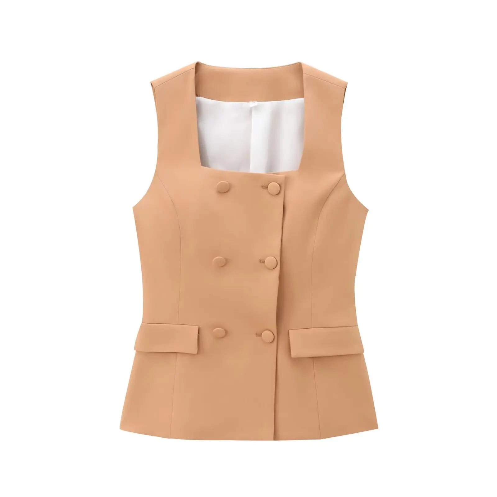 thumbnail image 1 of HH TRAF 2024 Chaleco de mujer, top liso con escote cuadrado, sin mangas, con bolsillos, botones y doble botonadura, tops de verano para mujer, de moda, 4 colores, 1 of 5