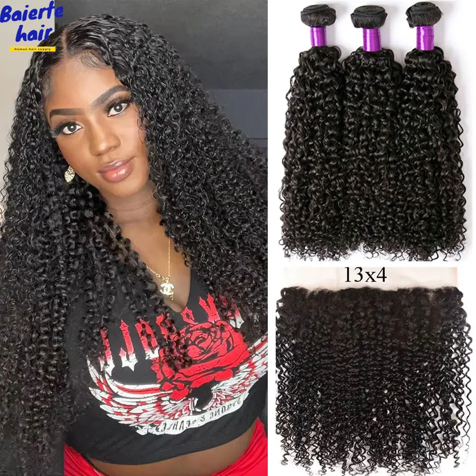 Human Hair Weave Raw Indian Kinky Curly Bundles with 13x4 HD Transparent Lace Front Closure