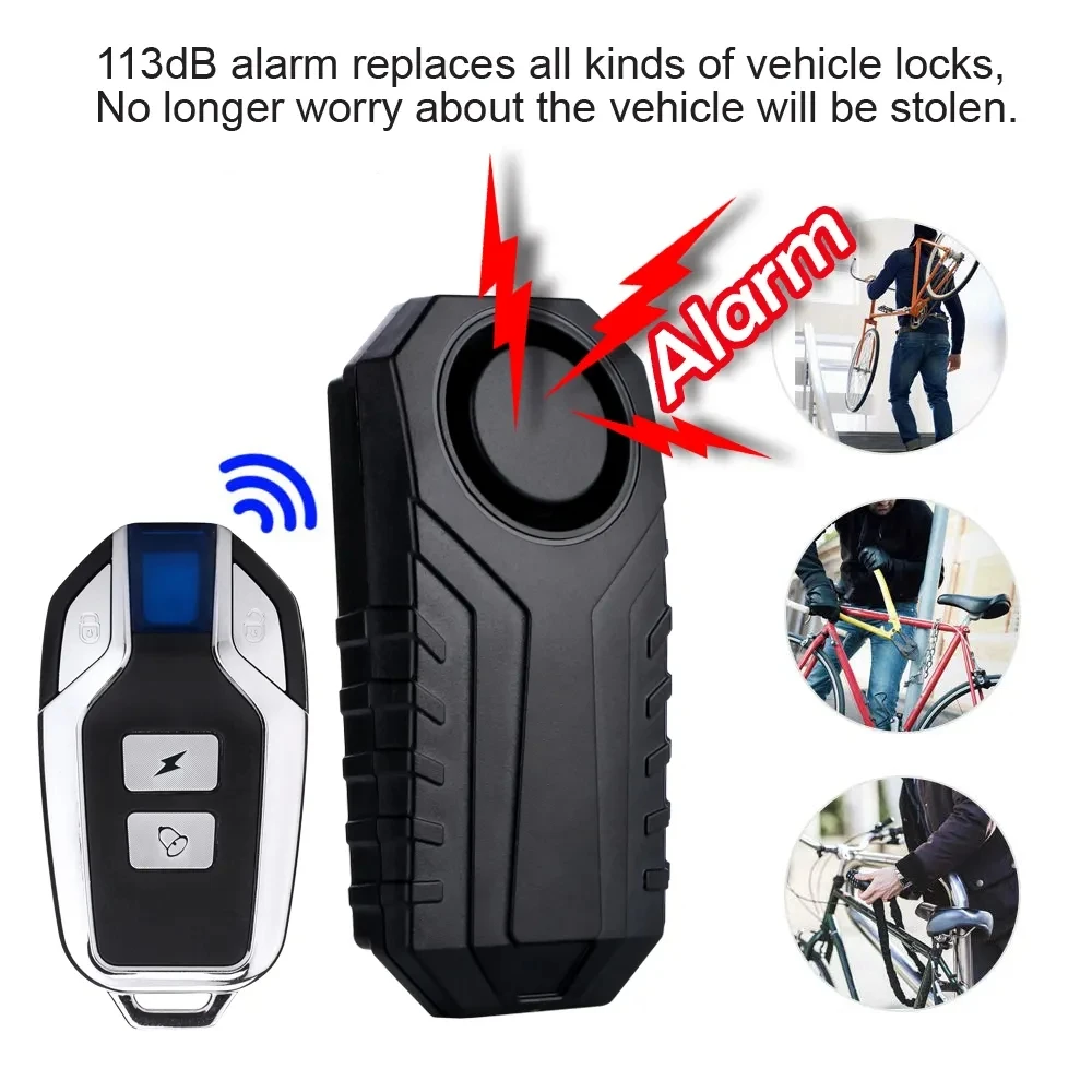 113dB Wireless Bike Alarm Remote Waterproof IP65 Motorcycle Alarm Vibration Sensor Motion Detection Function Power Battery