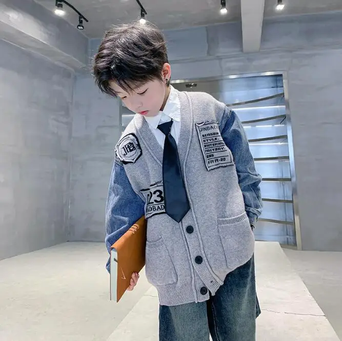 boys denim patchwork coat autumn spring cotton full sleeve high quality kids jacket 4-10t F140
