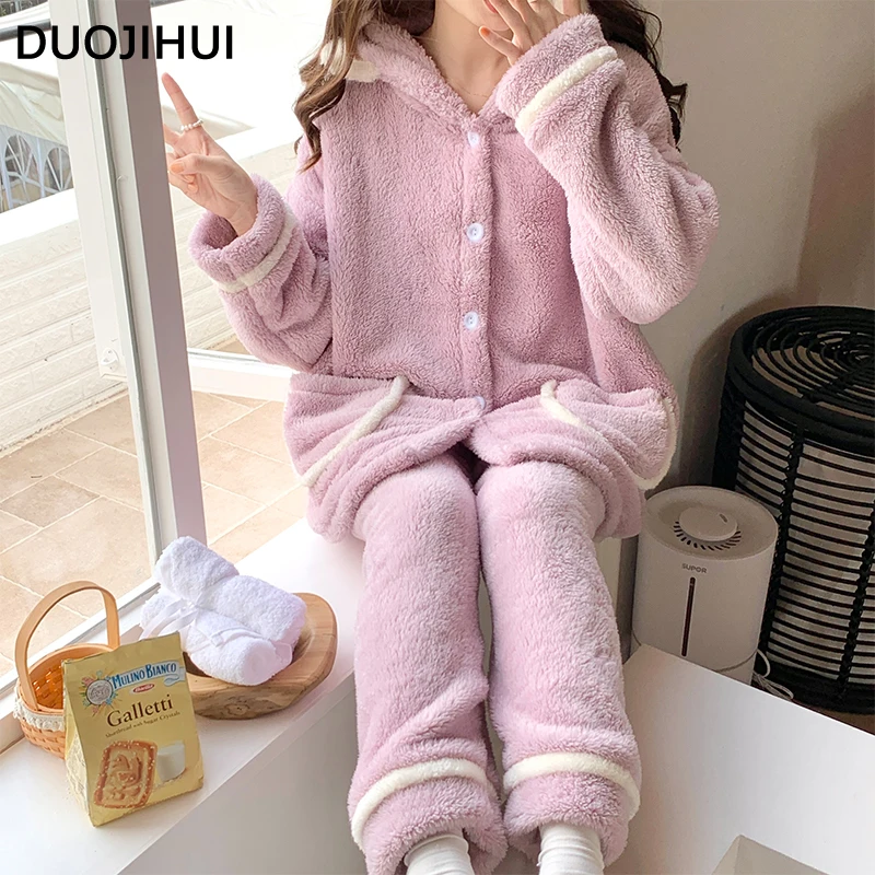 DUOJIHUI Pure Color Winter Flannel Warm Soft Female Pajamas Sets Hooded Simple Top Loose Casual Pant Fashion Pajamas for Women