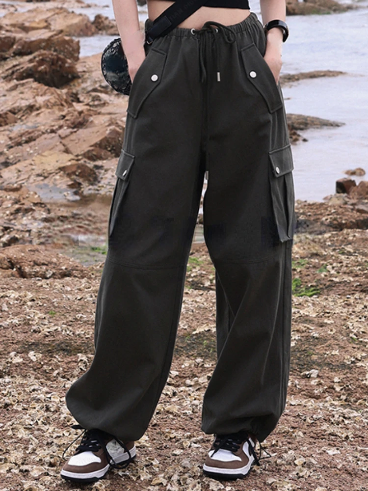 

Осенние винтажные уличные брюки-карго, женские Мешковатые брюки на бретелях в Корейском стиле, женские повседневные уличные брюки с карманами, новинка 2023