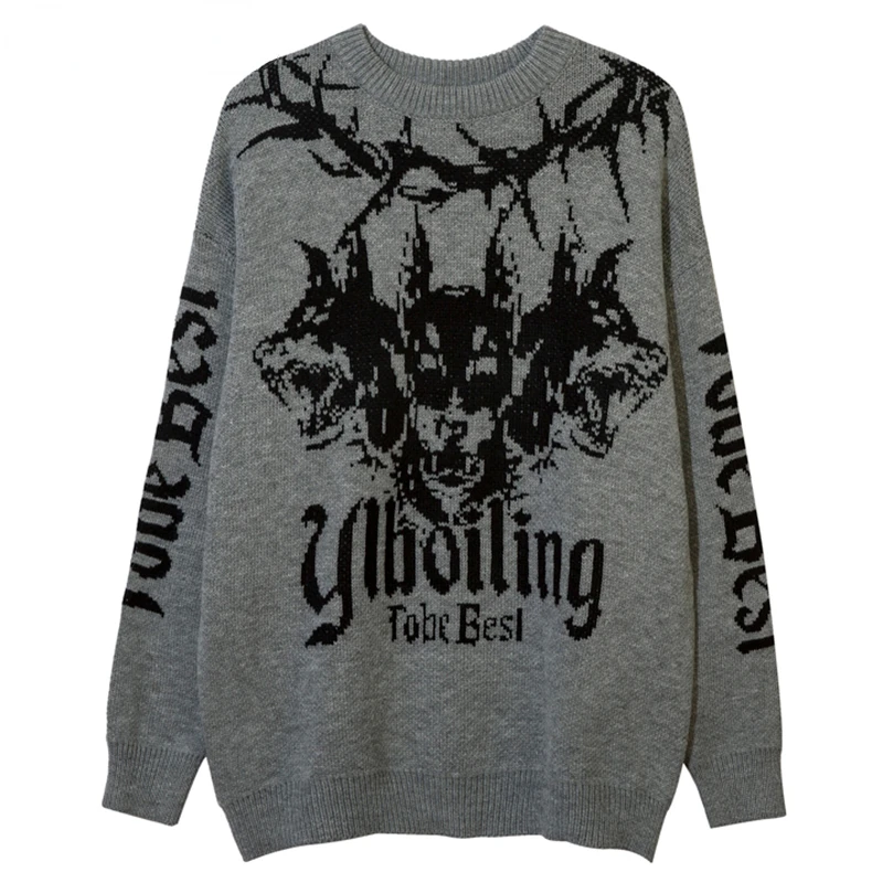 

Autumn Men Oversized Knitted Jumper Sweaters Hip Hop Dog Graphic Jacquard Knitwear Streetwear Harajuku Fashion Casual Pullovers