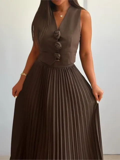 Comfortable Casual Vest Waist Pleated Skirt Set Women's Simple Solid Color Temperament Elegant Sweet Cool Style Two-piece Set 6
