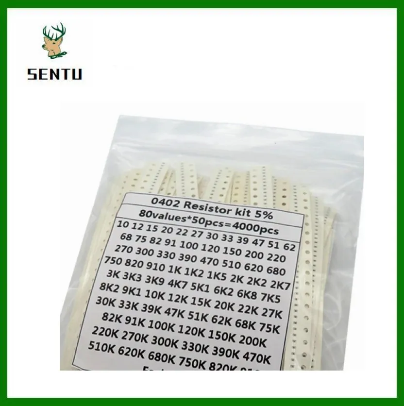 4000PCS 0402 SMD Resistor Kit Assorted Kit 10ohm-1M ohm 5% 80valuesX 50PCS=4000PCS Sample Kit 0805 0603 1206 2512 1210