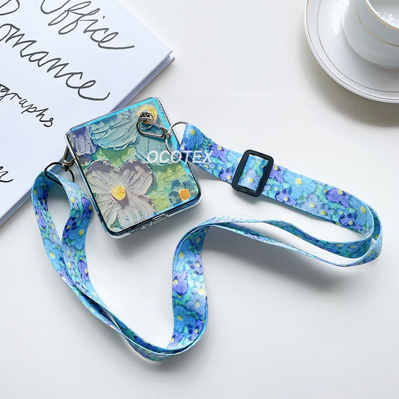 Oil Painting Flower Crossbody Lanyard Strap Case with Blu-ray Hard Armor Cover