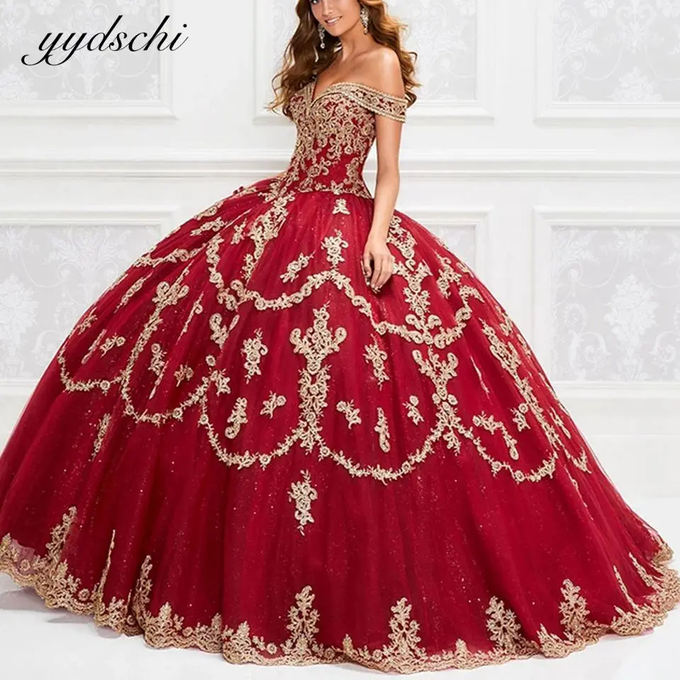 

Burgundy Quinceanera Dresses Birthday Party Ball Gown Tulle Off The Shoulder Appliques Glitter Robes De Soirée 2022 Prom Dress