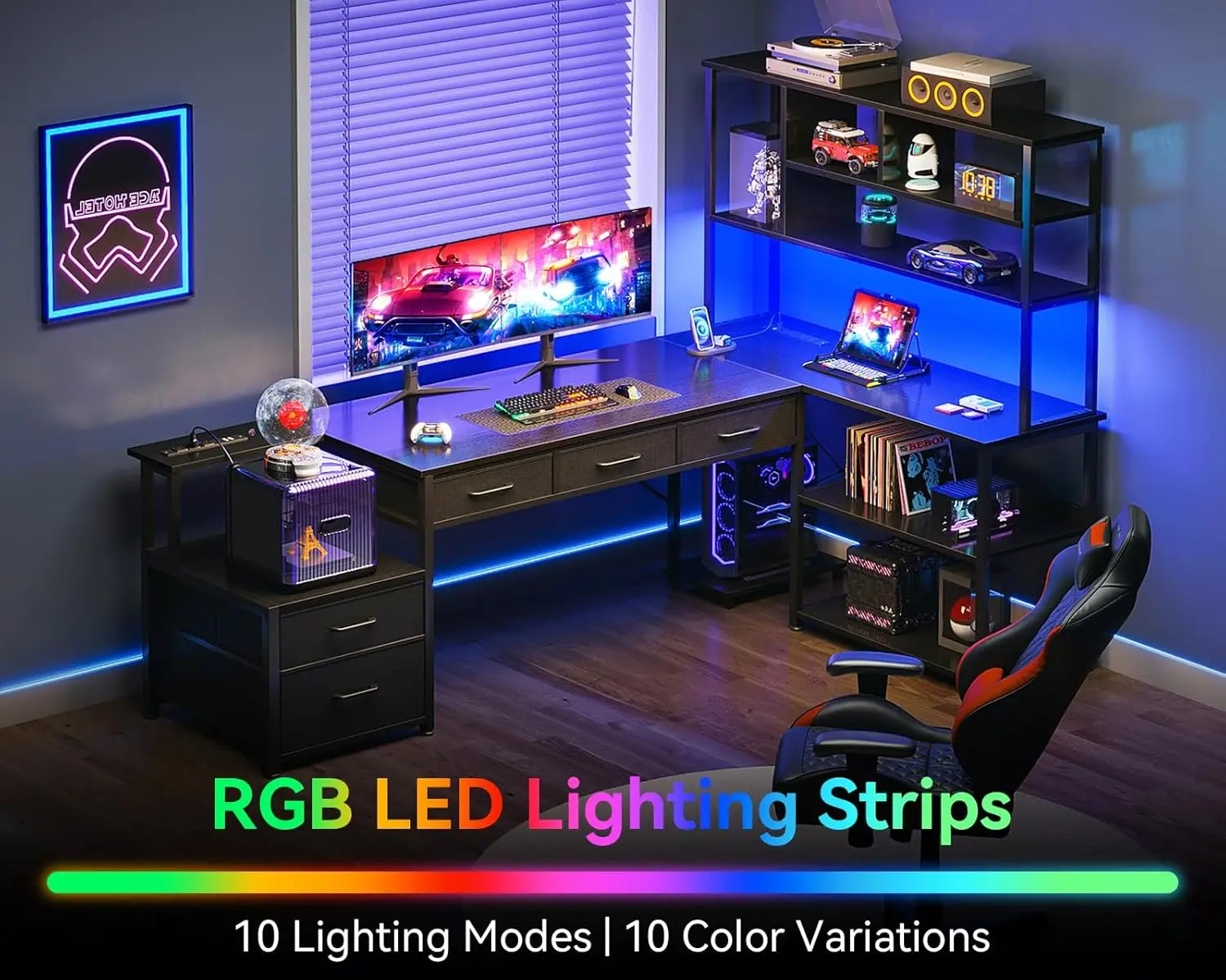 L Shaped Desk with File Drawers, Reversible L Shaped Gaming Desk with Power Outlets & LED Lights