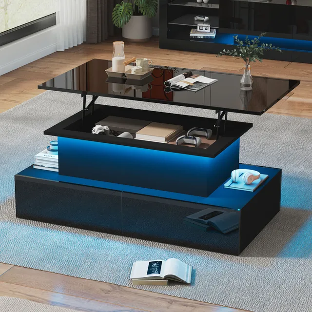 Table basse moderne à LED avec finition brillante et 4 tiroirs de rangement, table centrale pour salon, table d'appoint robuste, capacité de charge de 30 kg 1