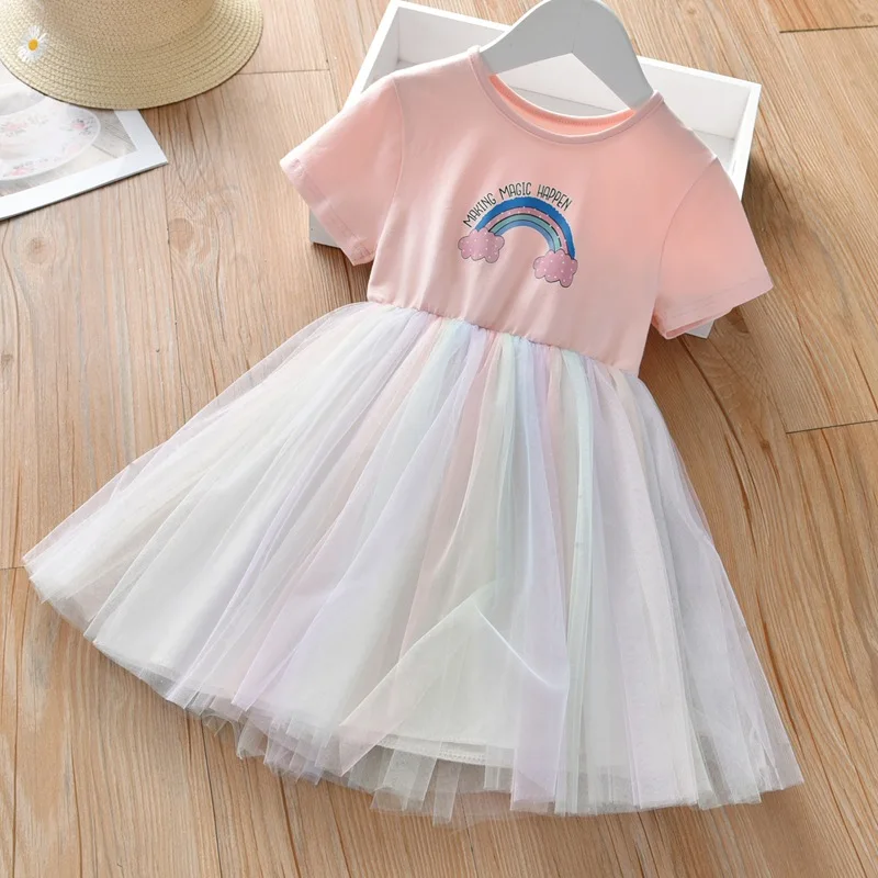 

New Girls Clothes Summer Princess Dresses Short Sleeve Baby Cotton Kids Dress Unicorn Party Girls Dresses Children Clothing 3-8Y