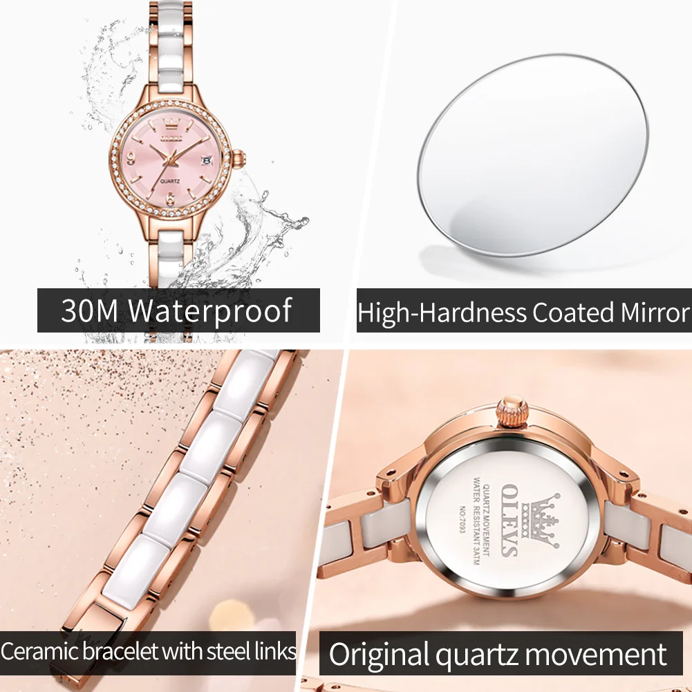 OLEVS 7093 Quartz Watches For Women Luxury Exquisite Small Dial Diamond Bezel Ceramics Steel Strap Waterproof Ladies Wristwatch