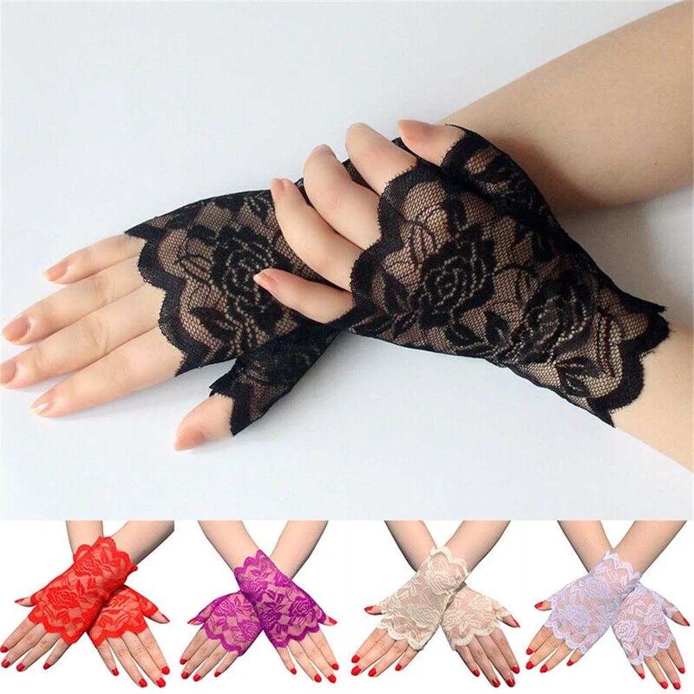 2 pares de guantes sin dedos de encaje para mujer, A1 2 pares de guantes sin dedos de encaje para mujer, A1