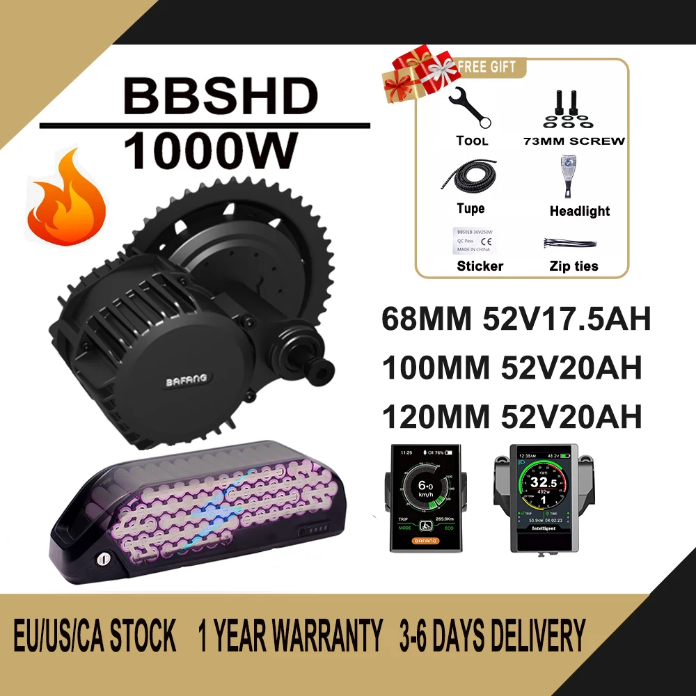 BAFANG BBSHD 1000W 8Fun 미드 드라이브 모터 전기 자전거 변환 키트, 850C 디스플레이, 삼성 배터리, 52V17.5AH, 52V20, 신제품