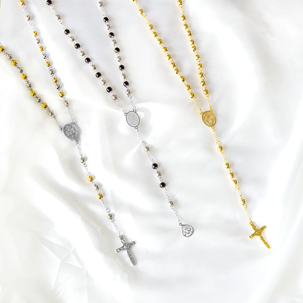 Crystal Beads Kay Rosary Bead Necklace Stainless Steel Silver