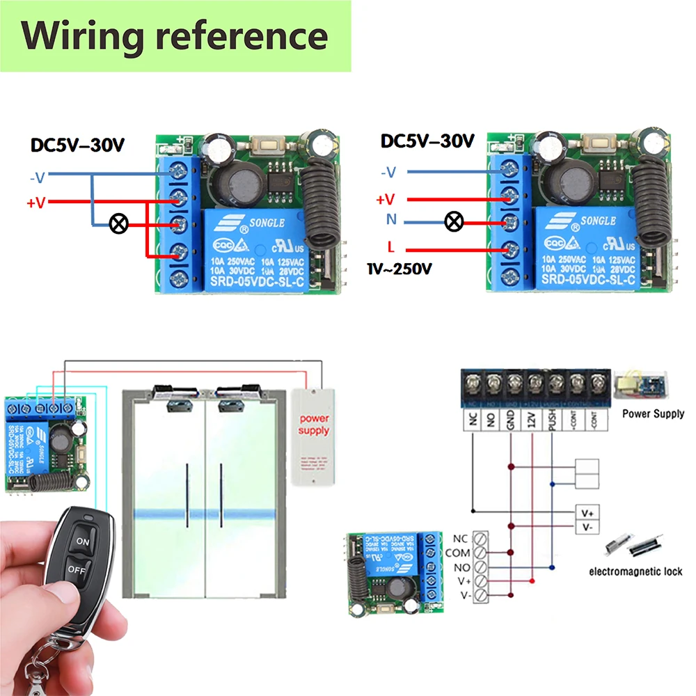 RF 433Mhz 무선 원격 제어 스위치 DC 5V 12V 24V 30V 릴레이 모듈 및 전자기 잠금 램프 LED 용 500M 송신기