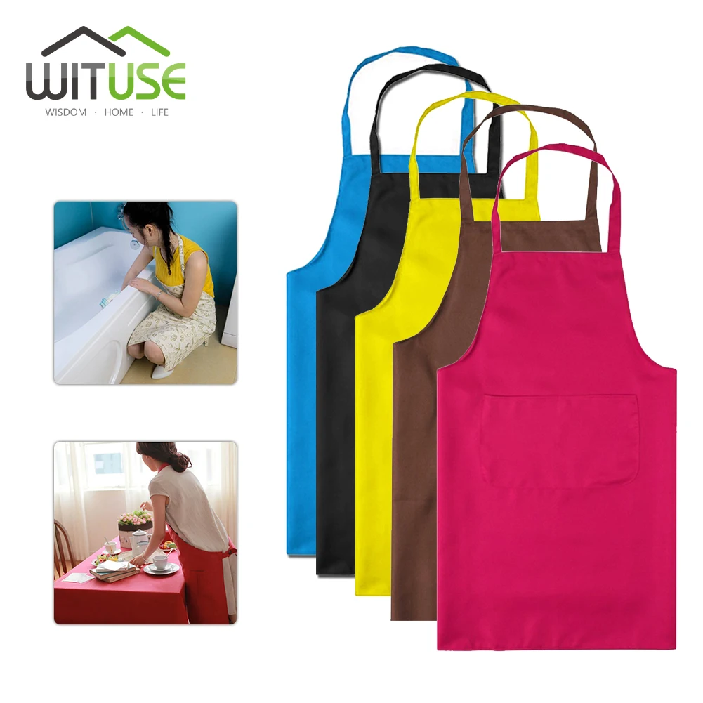 thicken cotton polyester blend cooking baking kitchen bib apron with pockets black blue green red yellow orange plain apron 2
