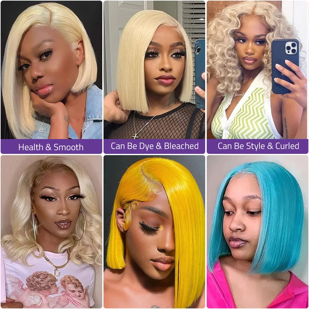 Honey Blonde 613 Short Bob Human Hair Wig Bone Straight 8-14 Inch 13x6 HD Transparent Lace Frontal Wigs For Women 200% Density 3