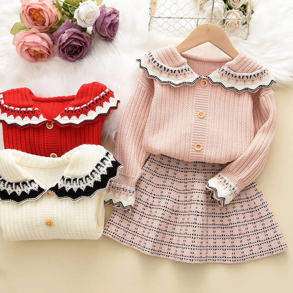

2023 New Baby Kid Girl Autumn Knitted Pastoral Princess Clothe Set Solid Long Sleeve Coat + Plaid Short Skirts 2Pcs Fashion Suit