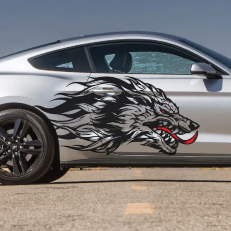 Autocollant Vinyle Grand Loup Tribal Pour Véhicule - Design Graphique, Placement Multiple