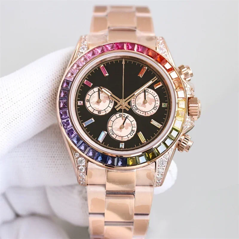 

Luxury Men's Automatic Mechanical Movement Watch Stainless Steel Diamonds Yellow Gold Rose Rainbow WristWatch