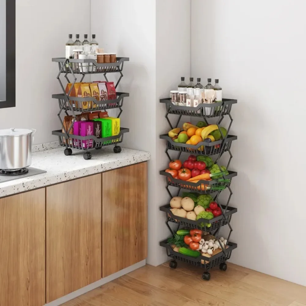 Movable Kitchen Fruit Basket Stackable Crevice Vegetable Storage Cart Floor-Mounted Multi-Layer Shelf Folding Rack Trolley Cart 2