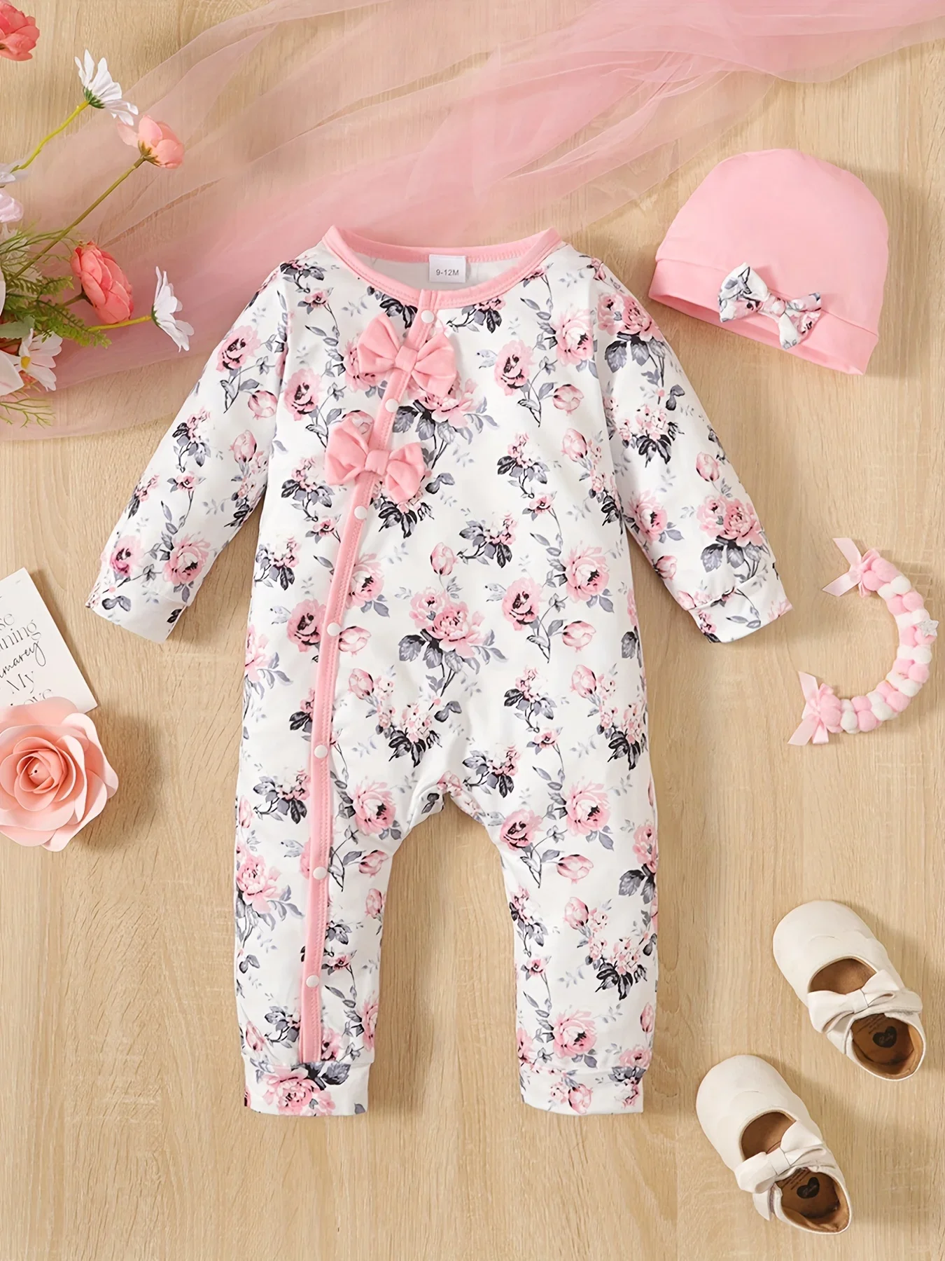 

Newborns Baby Clothe Rompers 2pcs Baby Girls Cute Floral Graphic Print Bowknot Long Sleeve Romper & Hat Set, Kids Casual Clothes