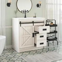 31" Farmhouse Sliding Barn Door Bathroom Vanity with Sink Combo Bathroom Vanity Cabinet with Drawers Distressed White 1