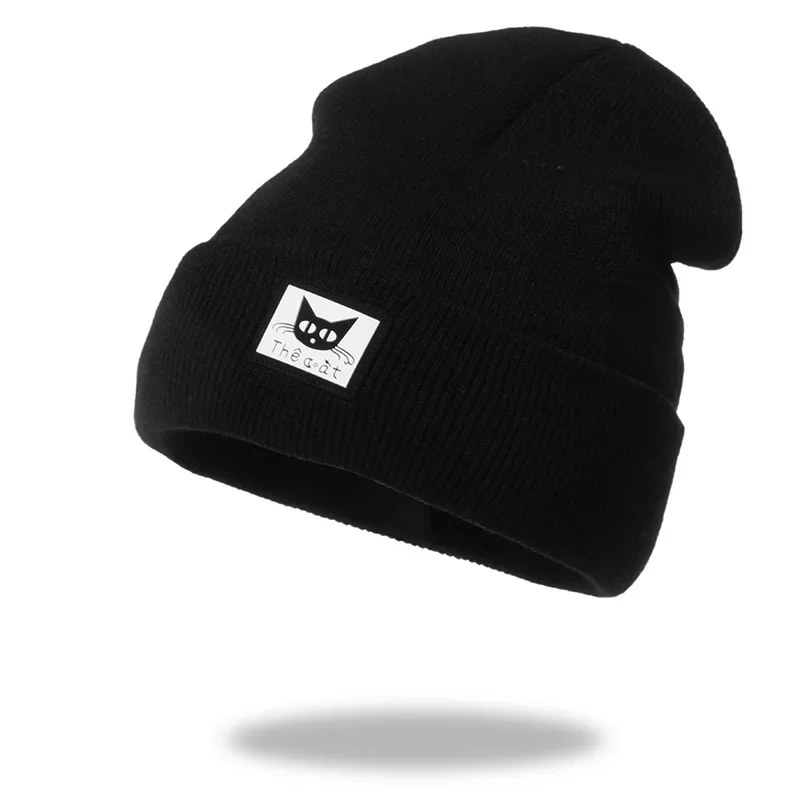 Autumn Winter New Fashion Trendy Knitted Hat for Women Pink Solid Patch Cute Cat Cuffed Beanies Female Ski Hat Girls 6