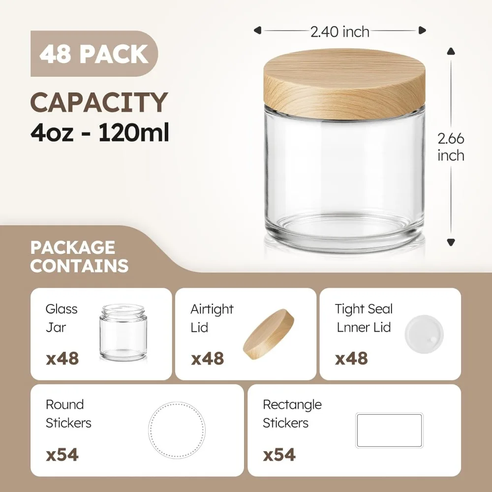 Small Glass Candle Jars with Bamboo Lids, 48 Pack, Empty Containers for Cosmetic Samples, Craft Supplies