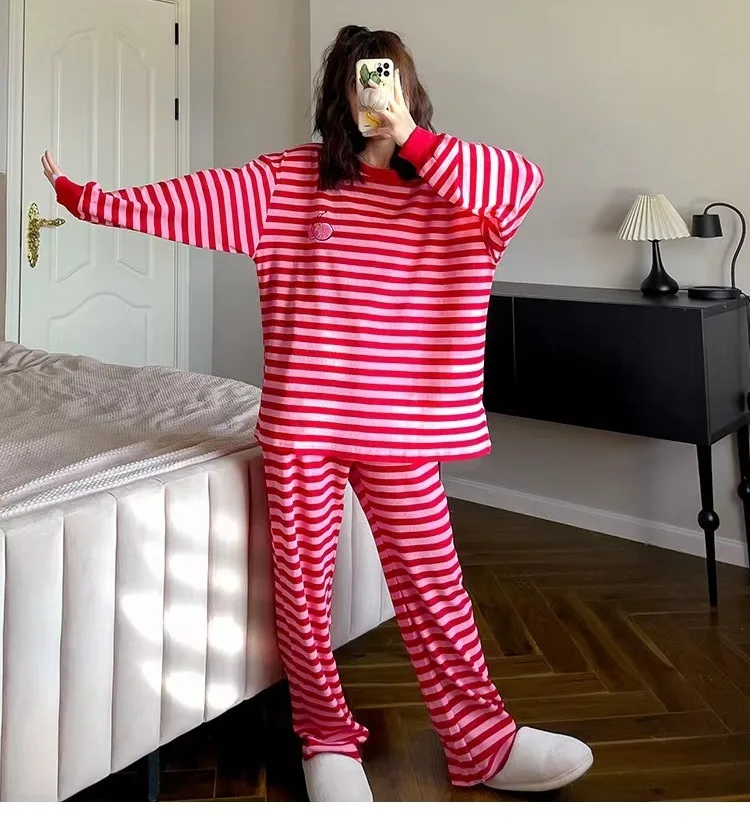 M-3XL Pyjama-Sets, Übergröße, Baumwoll-Pyjamas für Damen, neue Frühlings- und Herbst-Streifenanzüge für Damen, lässige Schlafanzüge, Hosen-Sets – Detail 18