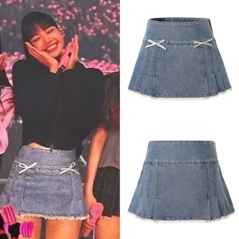 Kpop Girl Group LISA Korean Fashion Y2k Hot Girl Bow Lace Denim Pleated Skirt Women Summer High Waist A-line Sexy Mini Skirts