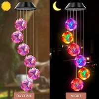 1pc Solar Powered Color Changing Pink Embroidered Ball Flower Wind Chime Light Waterproof Outdoor Night Light Hanging Solar Lamp 2
