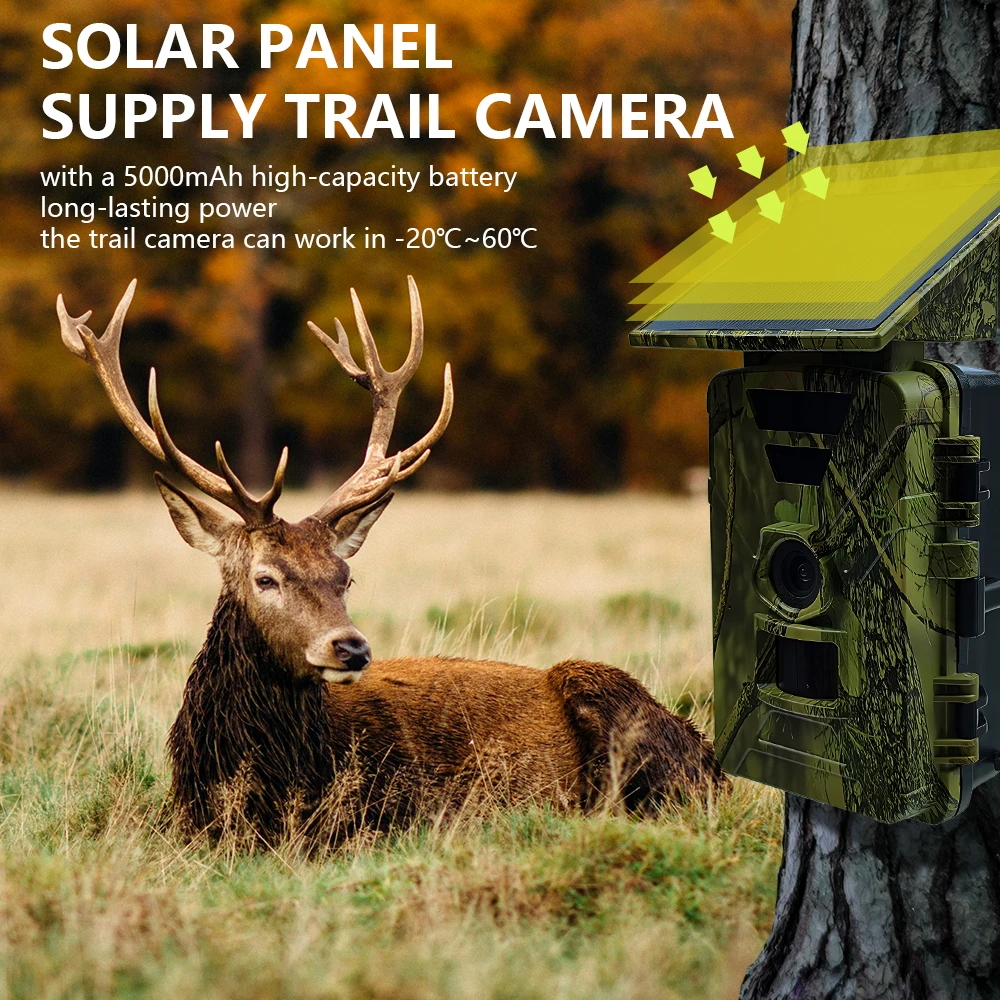 Solar Hunting Camera WiFi 8K 60MP Bluetooth Game Camera Motion Activated Night Vision 0.2s Trigger Time for Wildlife Monitoring